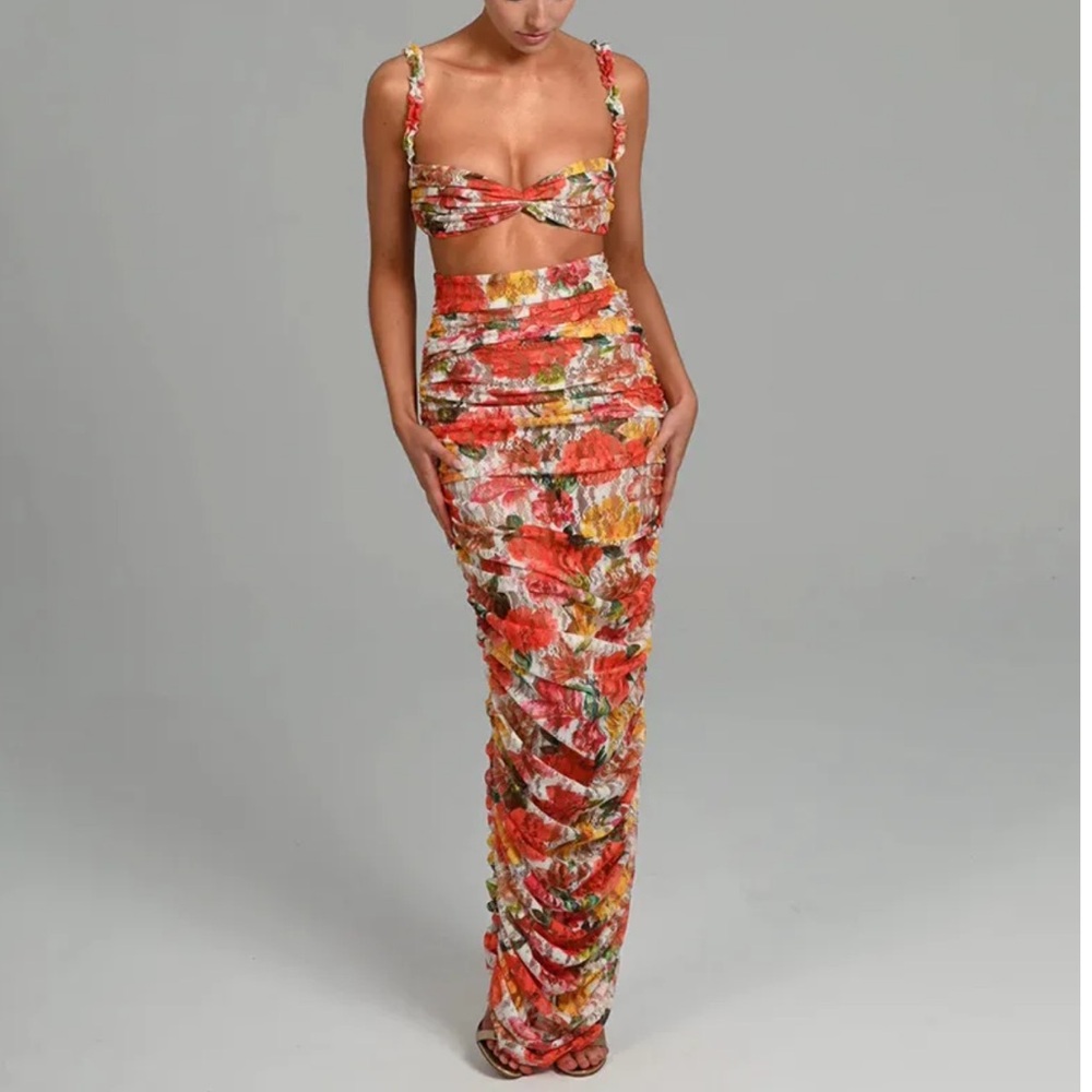 REVOLVE Floral Strapless Two-Piece Dress in Coral & Green